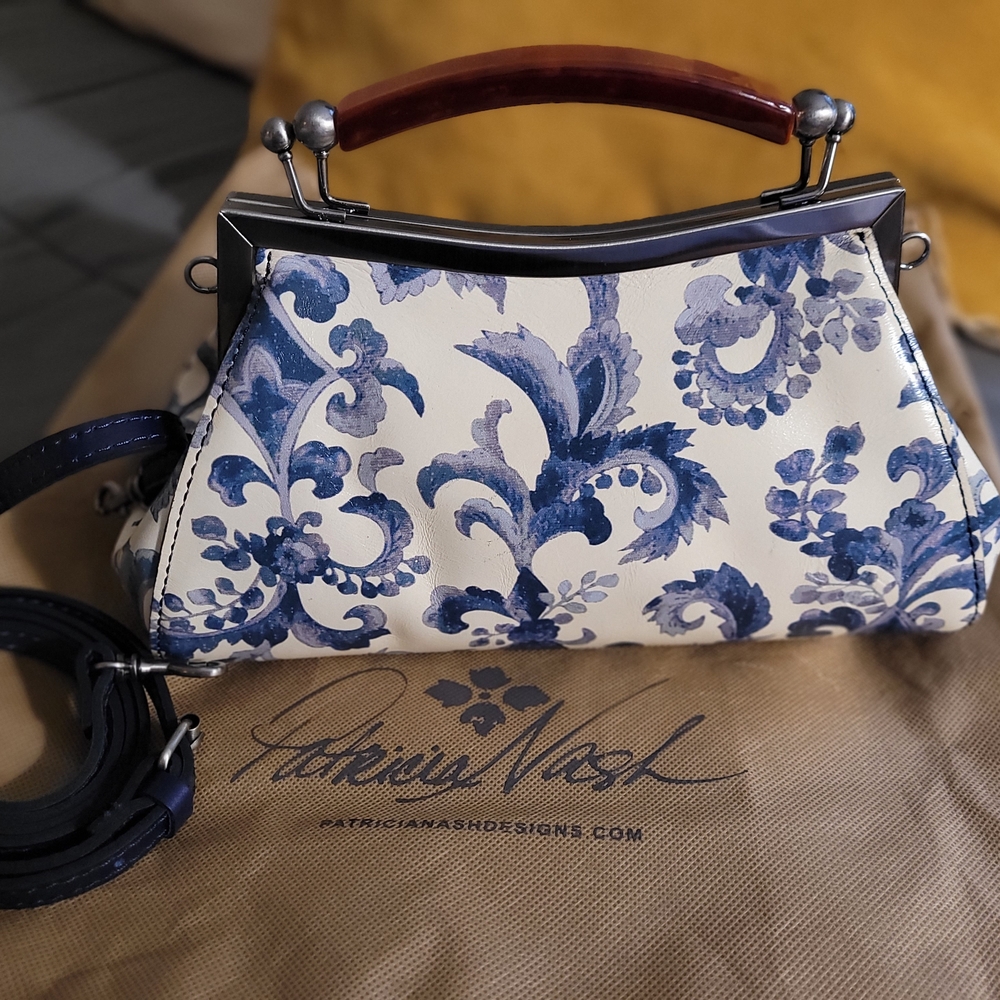 Patricia Nash Blue and Cream Satchel with Floral Design